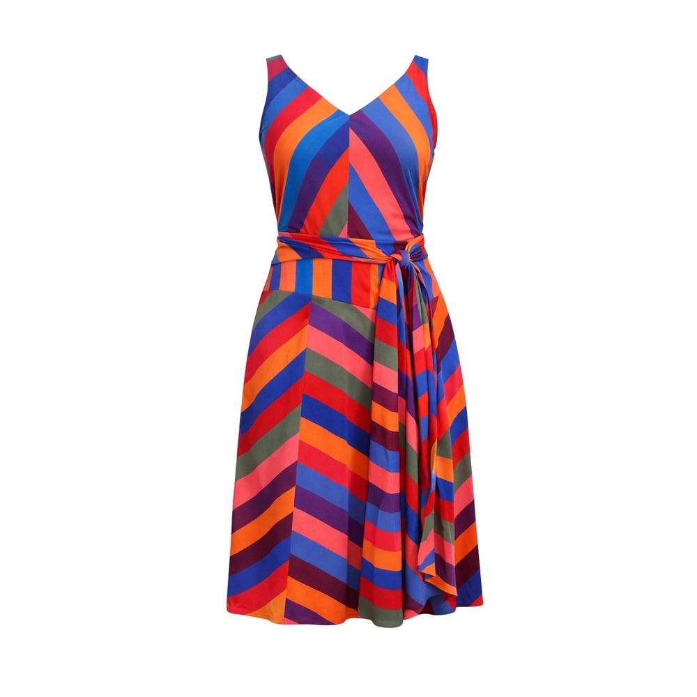 A New Day Chevron Stripe V Neck Tie Waist Midi Dress Dopamine Bright‎ Women's XS